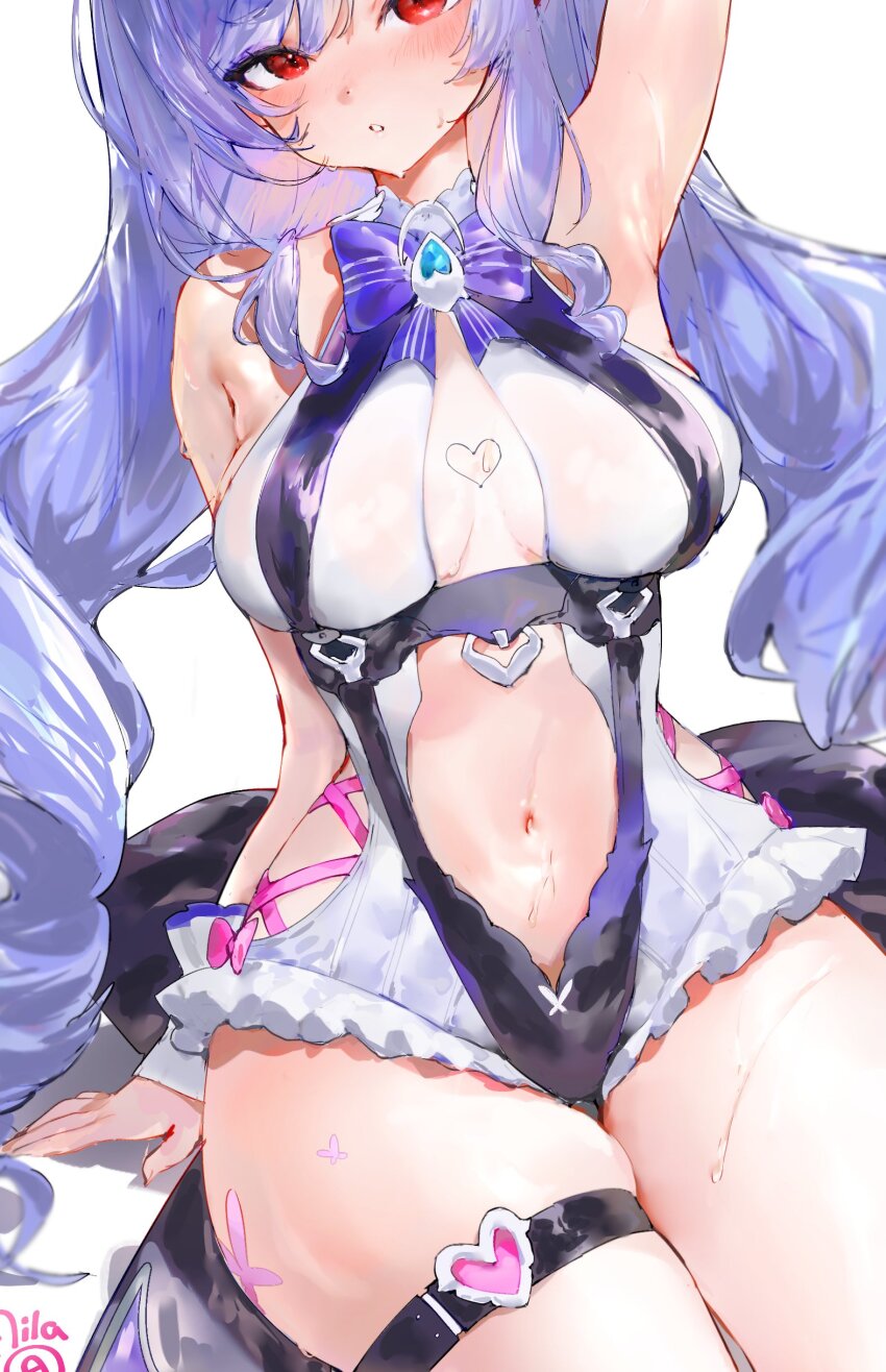 1girl, absurdres, arm_up, armpits, blush, bow, bowtie, breasts