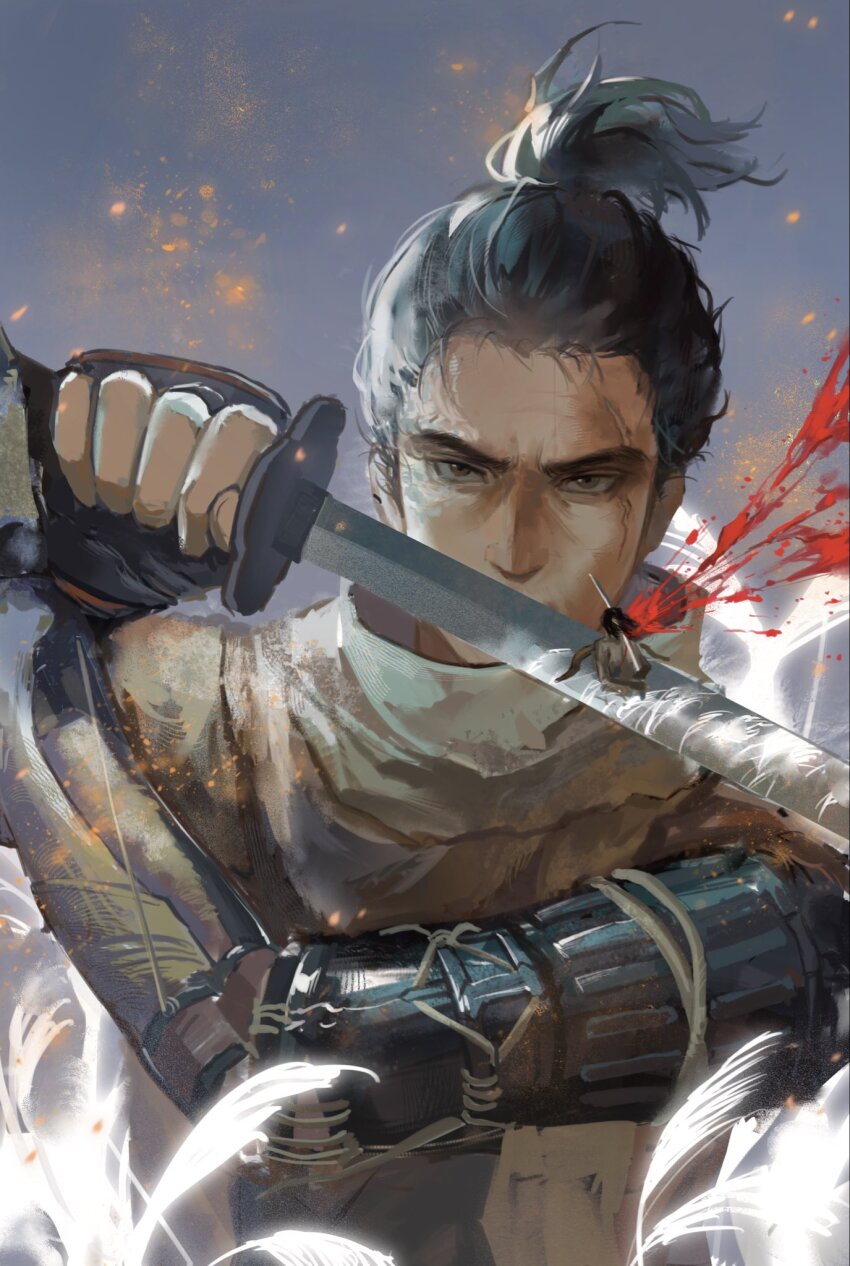 2boys, ashina_genichirou, black_hair, blood, embers, flower, hashtag-only_commentary, highres