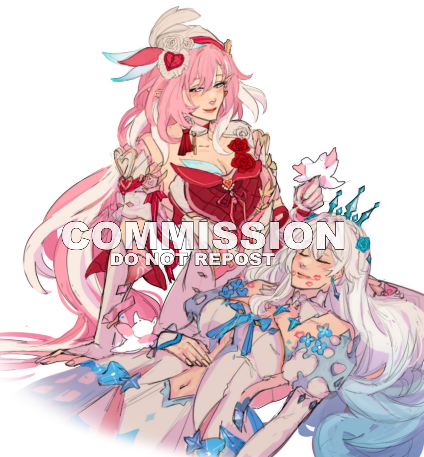 2girls, absurdres, aqua_hair, beret, breasts, cellysticks, cleavage, clothing_cutout