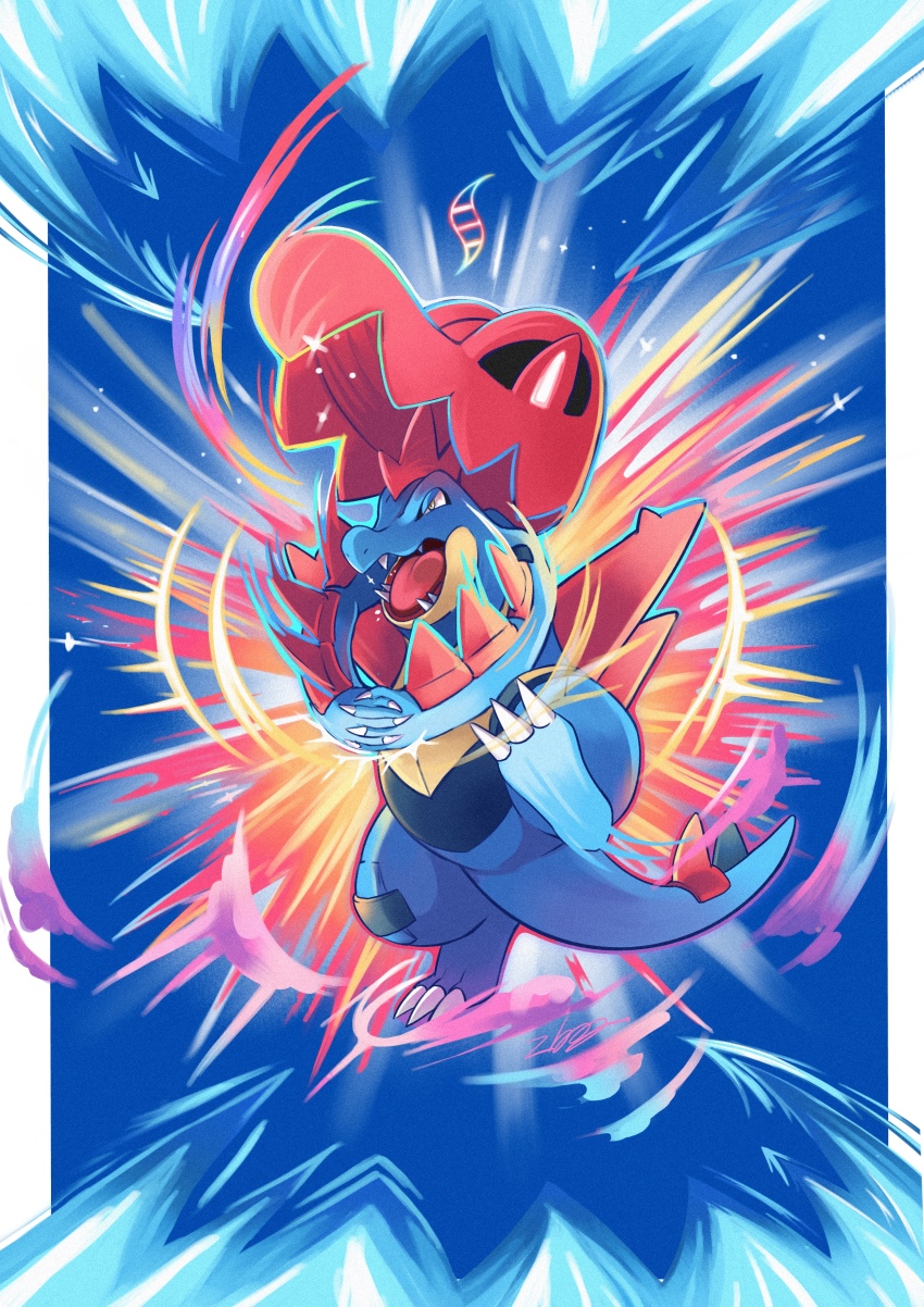 absurdres, alligator, blawn_z, claws, crocodilian, fangs, feraligatr, full_body, gen_2_pokemon, highres, hood, mega_evolution_symbol, mega_feraligatr, mega_pokemon, nintendo, no_humans, open_mouth, pokemon, pokemon_(creature), pokemon_focus, sharp_teeth, solo, tail, teeth, tongue, yellow_eyes