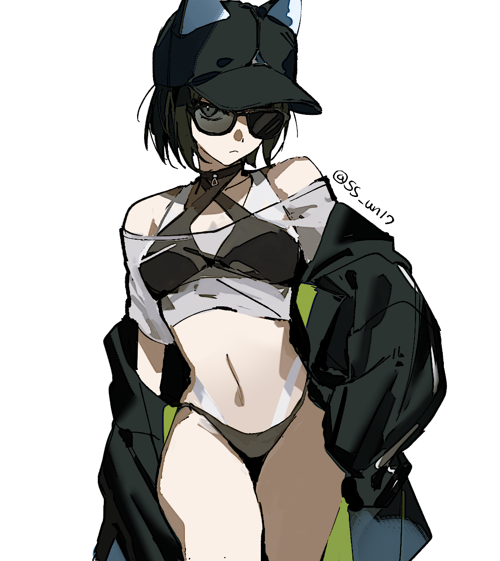 1girl, ahoge, animal_ears, bare_shoulders, baseball_cap, bikini, black_bikini, black_hat