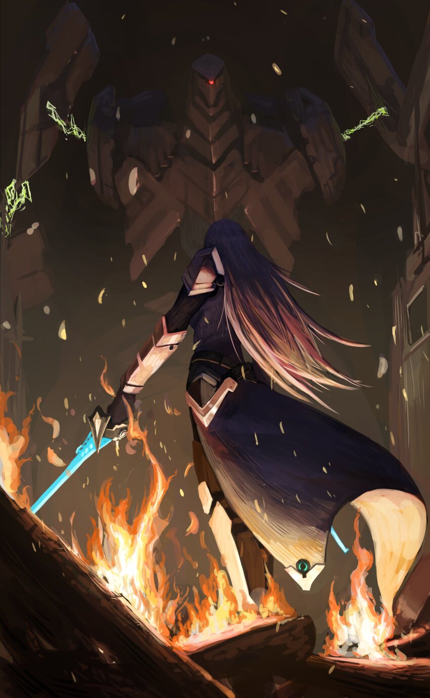 1girl, absurdres, cape, commentary_request, embers, ethel_(xenoblade), ferronis_(xenoblade), fire