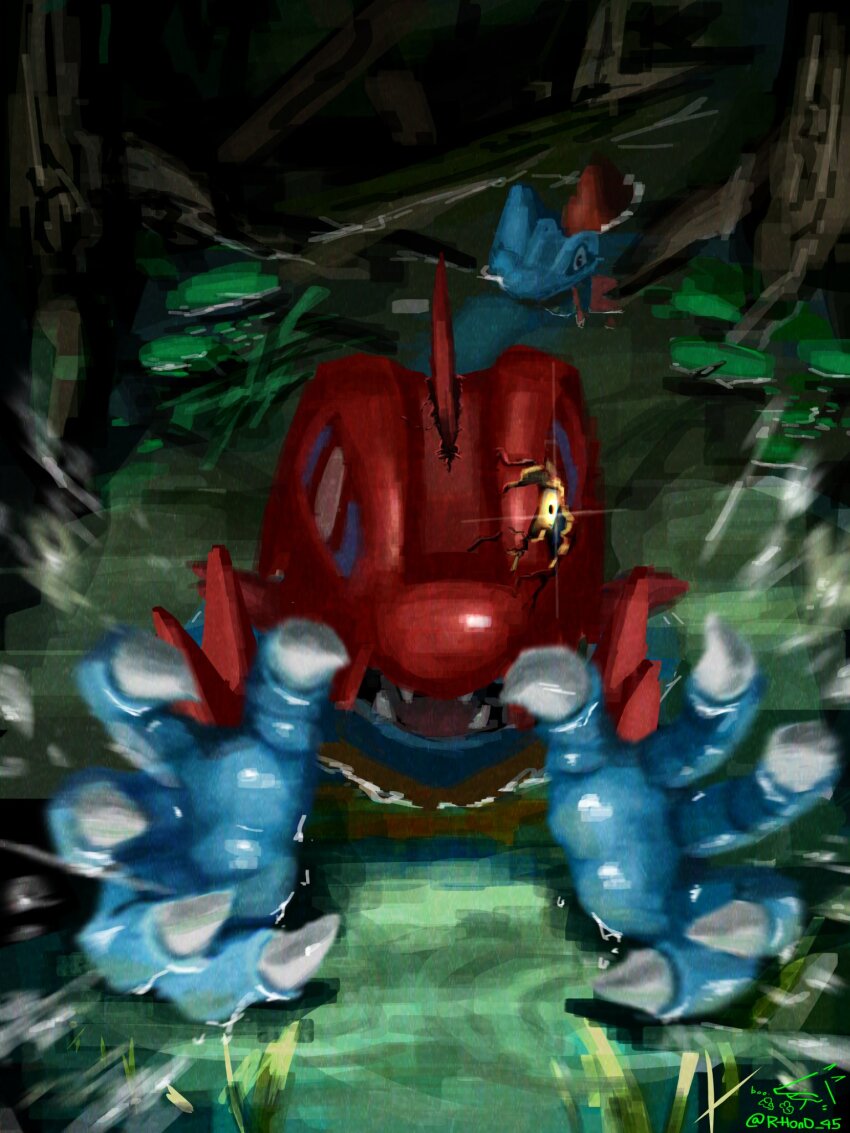 attack, claws, fangs, feraligatr, gen_2_pokemon, glowing, glowing_eyes, highres, lily_pad, looking_at_viewer, mega_feraligatr, mega_pokemon, nintendo, no_humans, open_mouth, partially_submerged, pokemon, pokemon_(creature), pokemon_focus, pokemon_legends:_z-a, rhond_45, sharp_teeth, swimming, tail, teeth, totodile, tree, water, yellow_eyes