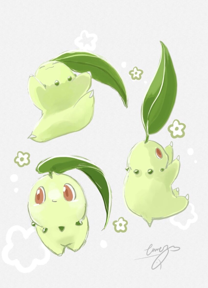 chikorita, closed_eyes, closed_mouth, eme_ko, flower, gen_2_pokemon, highres, leaf