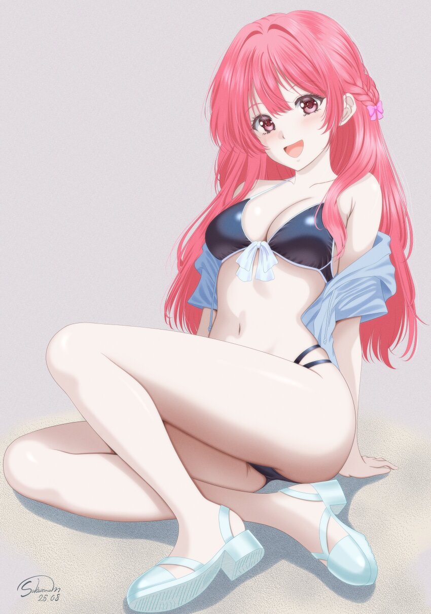 1girl, absurdres, arm_support, bikini, black_bikini, breasts, collarbone, commentary_request