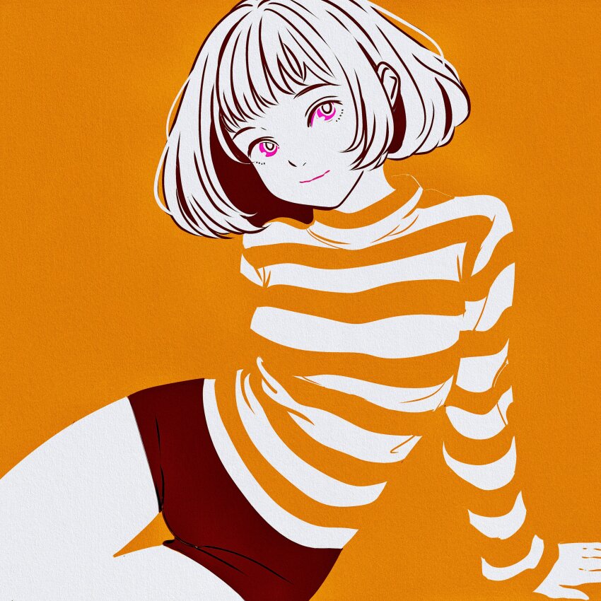 1girl, absurdres, arm_support, blending, commentary, firework_japan, flat_color, highres, limited_palette, looking_at_viewer, medium_hair, orange_background, original, short_shorts, shorts, smile, solo