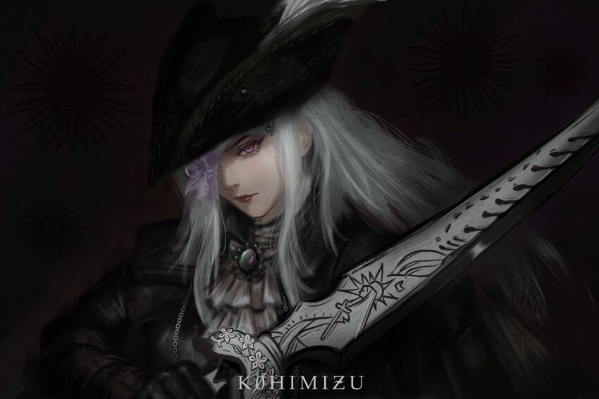 1girl, absurdres, artist_name, ascot, black_hat, bloodborne, closed_mouth, cosplay