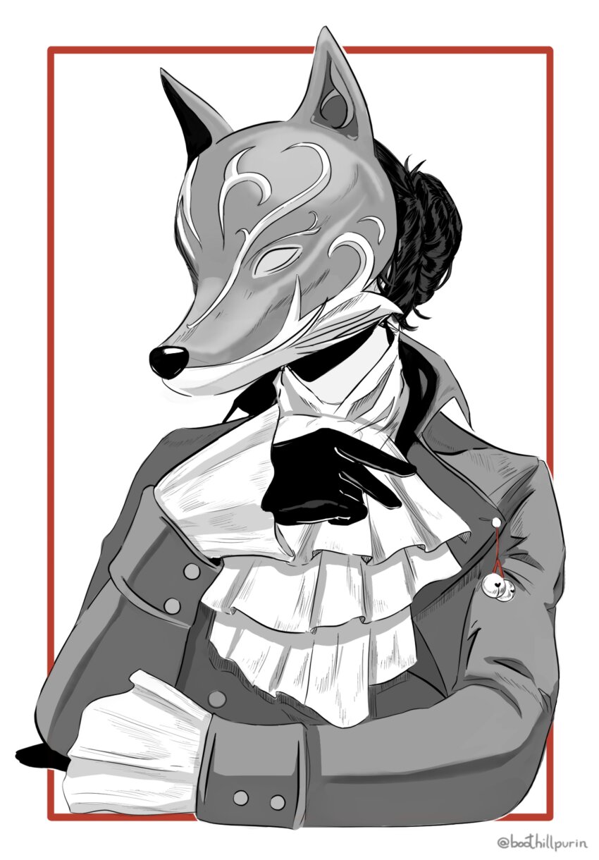1girl, absurdres, artist_name, ascot, boothillpurin, border, coat, commentary, english_commentary, fox_mask, gloves, greyscale, hair_bun, highres, inktober, inset_border, layered_ascot, lies_of_p, mask, monochrome, outside_border, red_border, red_fox_(lies_of_p), simple_background, single_hair_bun, solo, twitter_username, upper_body, white_background
