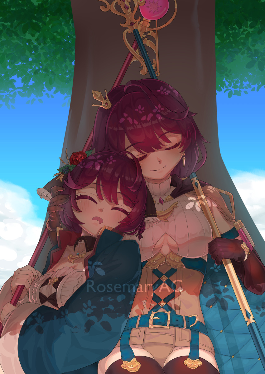 2girls, absurdres, against_tree, artist_name, atelier_(series), atelier_sophie, atelier_sophie_2, belt