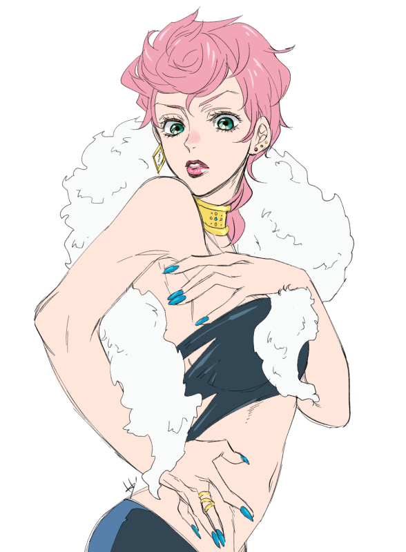 1girl, byon, choker, earrings, feather_boa, fingernails, green_eyes, hand_on_own_chest