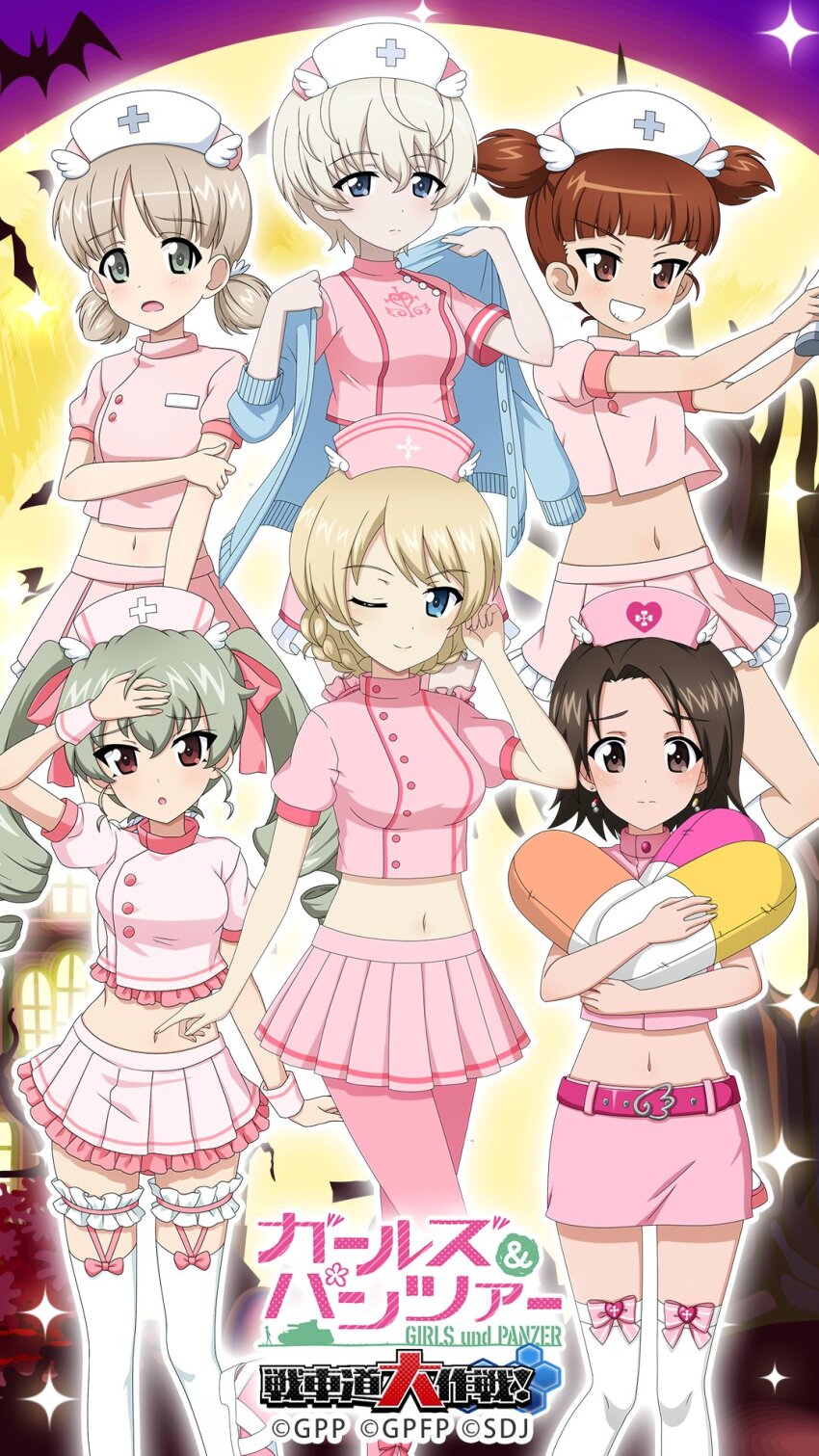 6+girls, adjusting_hair, aki_(girls_und_panzer), anchovy_(girls_und_panzer), bare_arms, bat_(animal), belt, blonde_hair