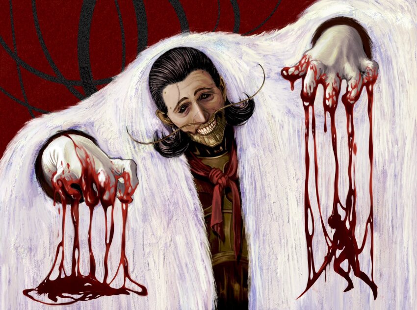 1girl, 2boys, arlecchino_the_blood_artist, black_hair, black_sclera, blood, coat, colored_sclera, commentary, english_commentary, evil_smile, highres, horror_(theme), lantherodon, lea_florence_monad, lies_of_p, lies_of_p:_overture, looking_at_viewer, marionette, multiple_boys, puppet, red_background, romeo_(lies_of_p), smile, standing, white_coat