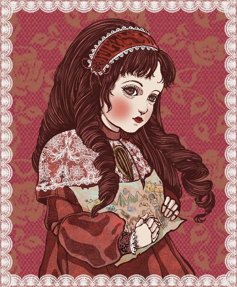 1girl, blush, border, brown_eyes, brown_hair, child, commentary, doll, doll_joints, dress, drill_hair, english_commentary, eyelashes, joints, lantherodon, lies_of_p, lies_of_p:_overture, long_hair, red_background, red_dress, red_lips, rosaura_(lies_of_p), solo, twin_drills, upper_body, white_border