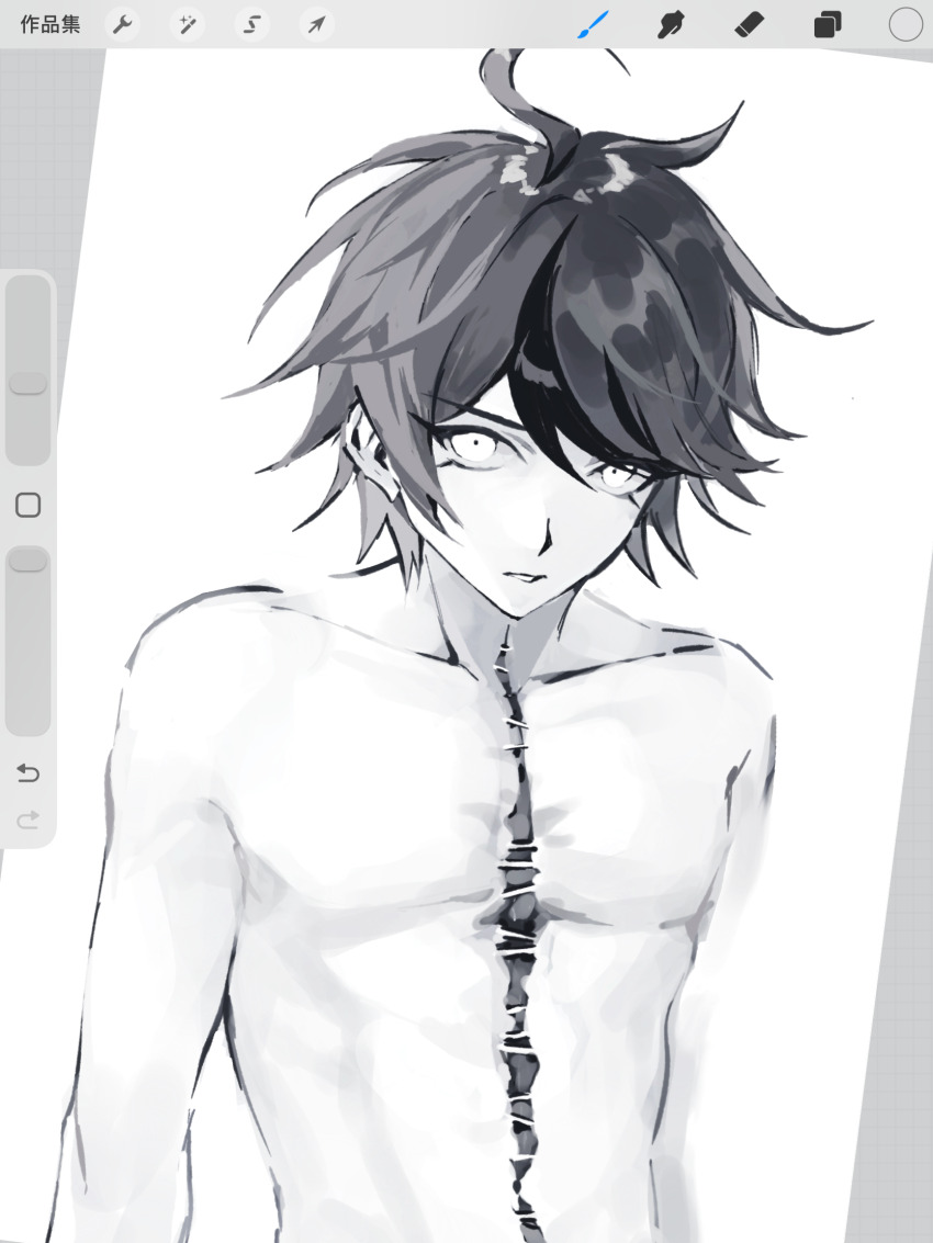 1boy, ahoge, art_program_in_frame, collarbone, greyscale, highres, male_focus, monochrome