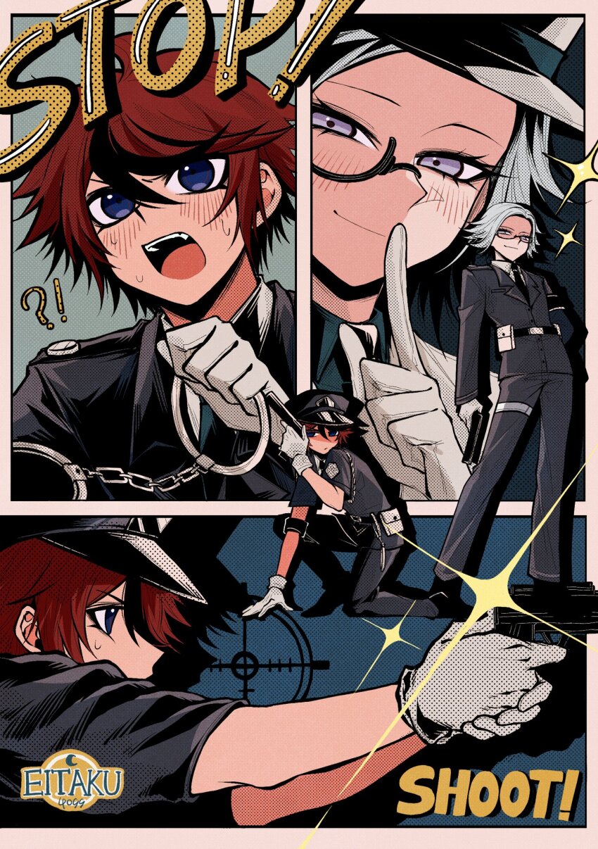 2boys, ahoge, aiming, alternate_costume, alternate_universe, aotsuki_eito, armband, ben-day_dots, black_armband, black_hat, black_necktie, black_pants, black_streaks, blue_eyes, chinese_commentary, collared_shirt, commentary, cuffs, english_text, evarina55, finger_to_mouth, glasses, gloves, grey_hair, gun, handcuffs, hat, highres, holding, holding_gun, holding_handcuffs, holding_weapon, jacket, looking_at_viewer, male_focus, multicolored_hair, multiple_boys, multiple_views, necktie, on_one_knee, pants, police, police_hat, police_uniform, policeman, purple_eyes, red_hair, screentones, shirt, short_hair, shushing, smirk, sparkle, standing, streaked_hair, sumino_takumi, sweat, sweatdrop, target, the_hundred_line_-last_defense_academy-, weapon, white_gloves, white_shirt