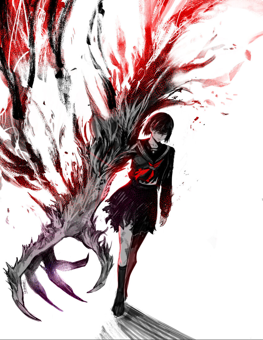 1girl, black_serafuku, fox_hinako, highres, japanese_clothes, mismatched_arms, monster_arm, neckerchief