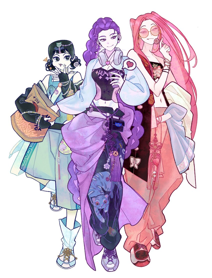 3girls, belt_pouch, black_gloves, black_hair, blunt_bangs, boots, bracelet, braid, braided_ponytail, commentary, double_bun, eating, fingerless_gloves, full_body, gloves, hair_bun, headphones, headphones_around_neck, highres, jewelry, kpop_demon_hunters, long_hair, mira_(kpop_demon_hunters), mman_moon, multiple_girls, navel, pants, pink-tinted_eyewear, pink_hair, pouch, purple_hair, round_eyewear, rumi_(kpop_demon_hunters), shoes, shorts, sidelocks, simple_background, smile, sneakers, sunglasses, untranslatable_commentary, tinted_eyewear, twintails, very_long_hair, white_background, zoey_(kpop_demon_hunters)