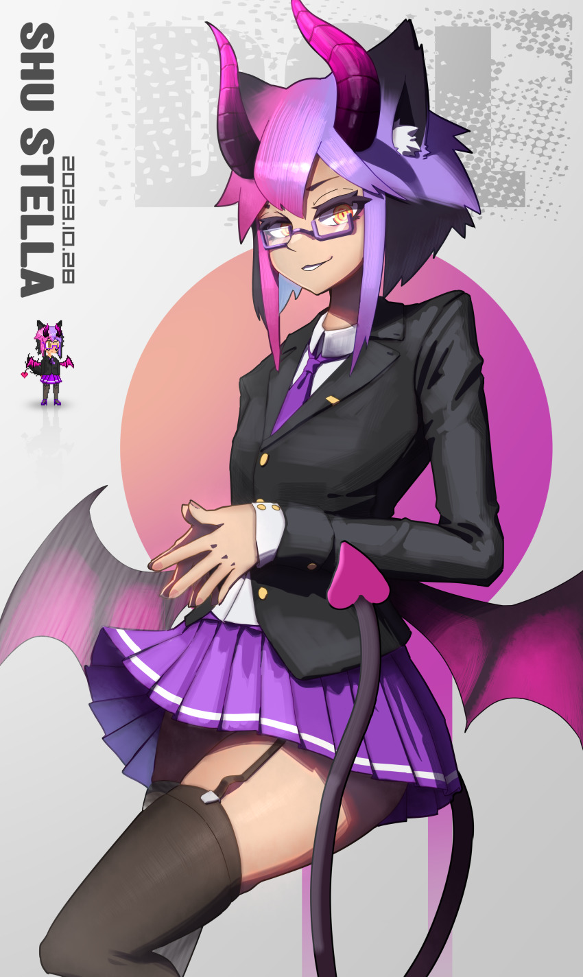 1boy, absurdres, animal_ear_fluff, animal_ears, artist_name, black_horns, black_thighhighs, blazer