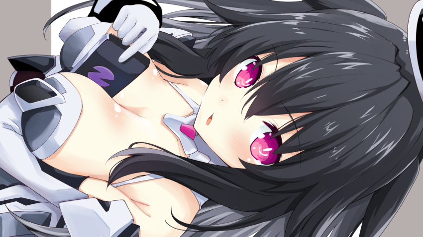 1girl, :o, arm_support, arm_under_breasts, bare_shoulders, black_hair, blush, breast_rest