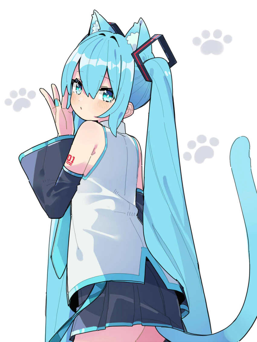 1girl, animal_ears, aqua_eyes, aqua_hair, bare_legs, black_skirt, cat_ears, cat_tail