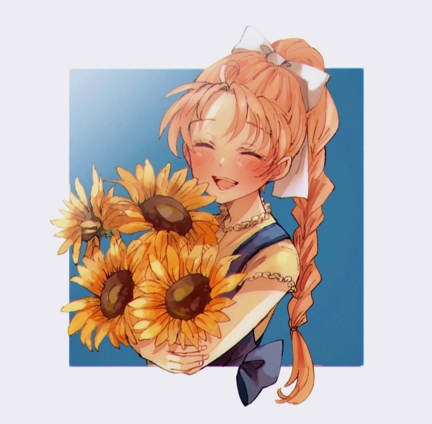 1girl, blue_background, blue_overalls, blush, bokujou_monogatari, bokujou_monogatari_2, border, bouquet