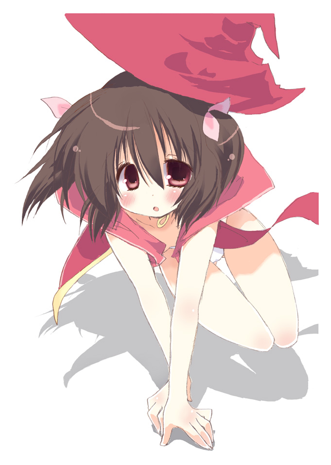 1girl, all_fours, blush, breasts, brown_hair, commentary_request, cosplay, full_body