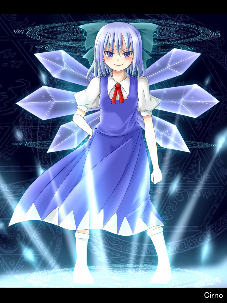 1girl, blouse, blue_eyes, blue_hair, cirno, collared_shirt, dotera, dress