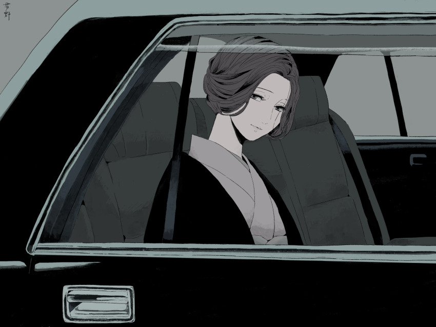 1girl, car, car_interior, closed_mouth, commentary_request, expressionless, forehead, gghost0627, greyscale, hair_bun, highres, japanese_clothes, kimono, looking_at_viewer, looking_to_the_side, monochrome, motor_vehicle, original, single_hair_bun, solo, turning_head