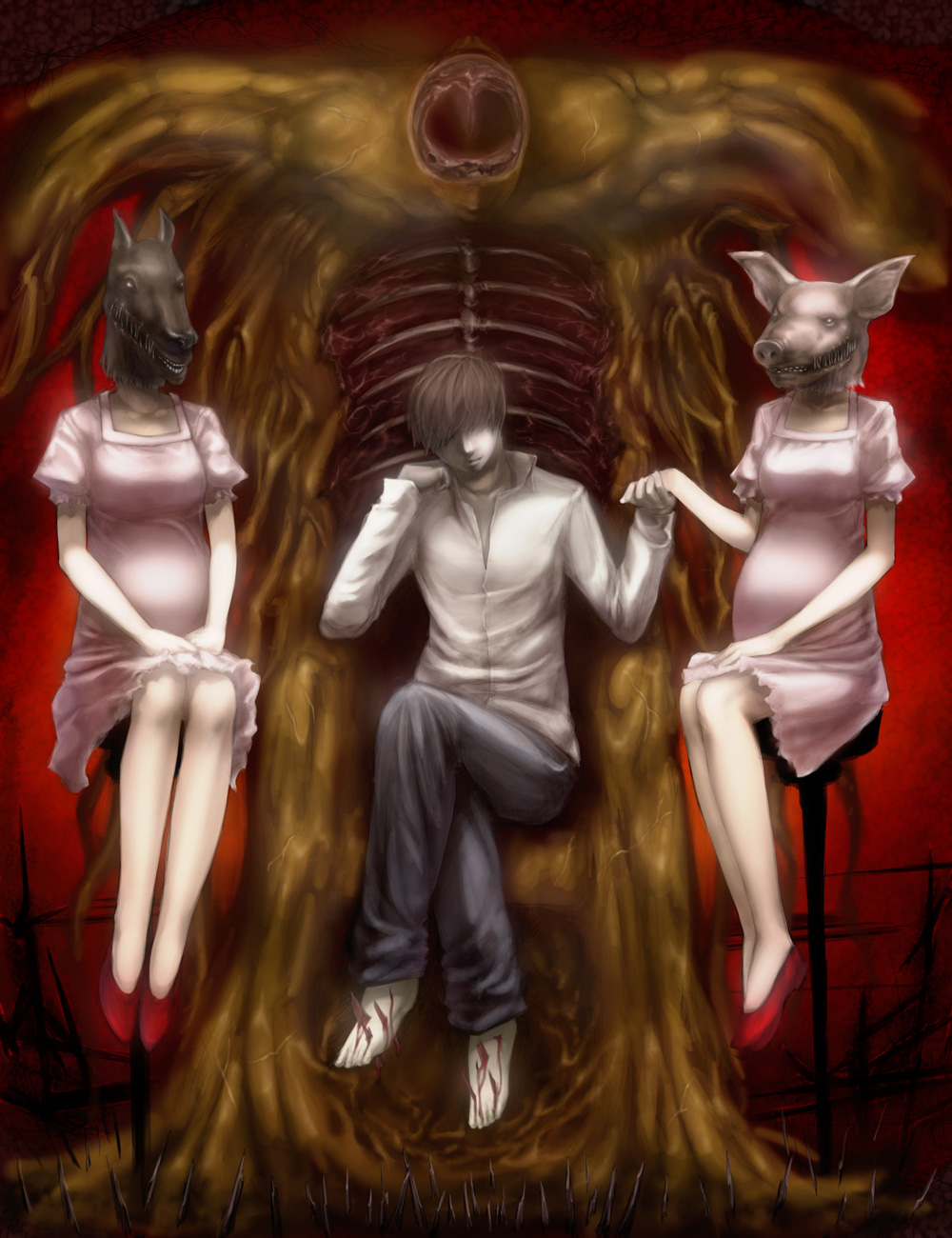 1boy, 2girls, abubu, barefoot, bleeding, blood, bone, brown_hair