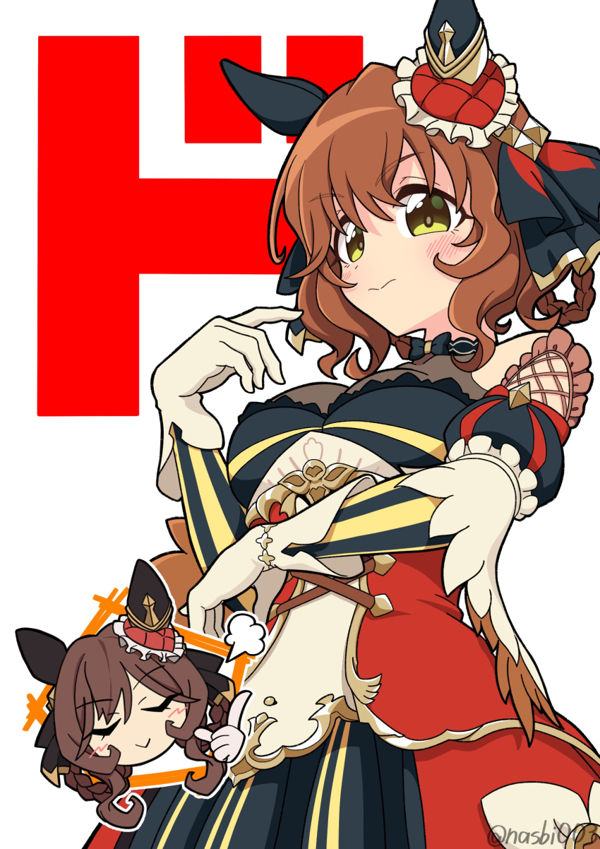 2girls, animal_ears, aston_machan_(umamusume), black_dress, blush, braid, braided_hair_rings, breasts, brown_hair, closed_eyes, closed_mouth, corset, cosplay, detached_sleeves, dress, ear_covers, ear_ornament, gentildonna_(regina_dei_fiori)_(umamusume), gentildonna_(umamusume), gentildonna_(umamusume)_(cosplay), genzo_nasu, gloves, green_eyes, hair_between_eyes, hair_ornament, hair_rings, heart-shaped_ornament, heart_ear_ornament, highres, horse_ears, horse_girl, long_sleeves, medium_hair, multiple_girls, red_corset, see-through_cleavage, see-through_clothes, smile, umamusume, white_gloves