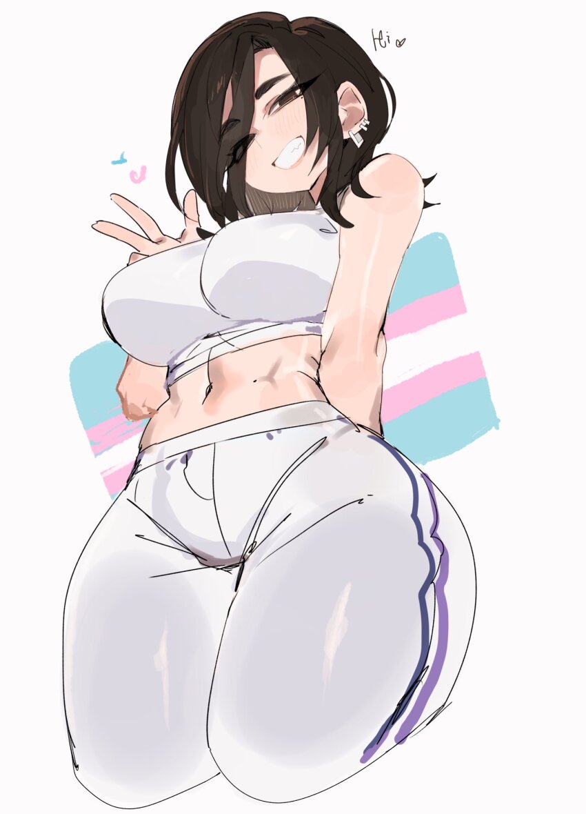 1girl, :d, aria_(roresu), arm_behind_back, bare_arms, bare_shoulders, breasts, brown_eyes, brown_hair, commentary, commission, crop_top, cropped_legs, cropped_shirt, double_vertical_stripe, ear_piercing, from_below, grin, hair_over_one_eye, hand_up, heart, highres, large_breasts, looking_at_viewer, medium_hair, midriff, navel, one_eye_covered, open_mouth, original, pants, piercing, shirt, simple_background, sleeveless, sleeveless_shirt, smile, solo, standing, thick_thighs, thighs, transgender_flag, usa37107692, w, white_background, white_pants, white_shirt