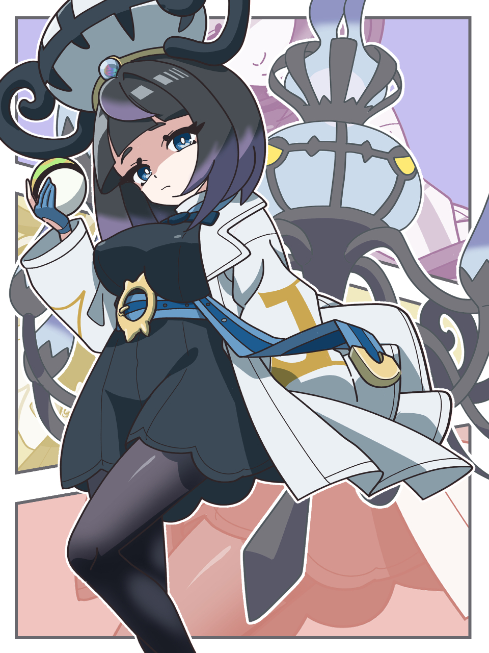 1girl, black_dress, black_hair, black_pantyhose, blue_eyes, blue_gloves, chandelure, coat, dress, gen_5_pokemon, gloves, gradient_hair, gwynn_(pokemon), highres, holding, holding_poke_ball, kanbei_(pixiv11037490), mega_chandelure, multicolored_hair, nest_ball, nintendo, pantyhose, partially_fingerless_gloves, poke_ball, pokemon, pokemon_(creature), pokemon_legends:_z-a, purple_hair, solo, white_coat