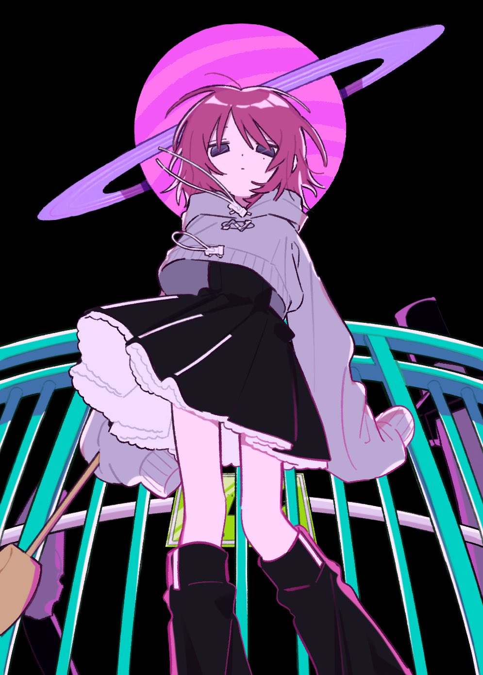 1girl, black_dress, black_leg_warmers, closed_mouth, drawstring, dress, eguwi, expressionless