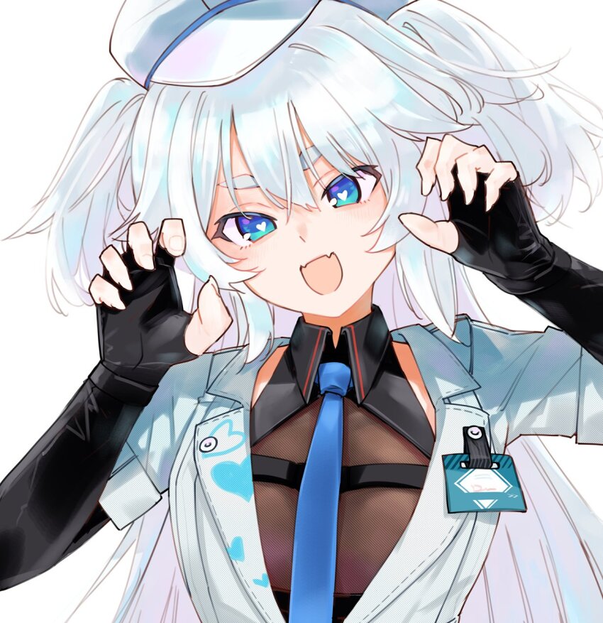 1girl, :d, black_bodystocking, black_gloves, blue_eyes, blue_necktie, bodystocking, bright_pupils