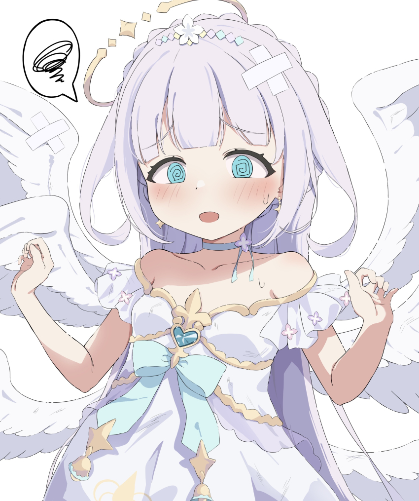1girl, absurdres, angel, angel_wings, bare_shoulders, blue_eyes, blush, bow