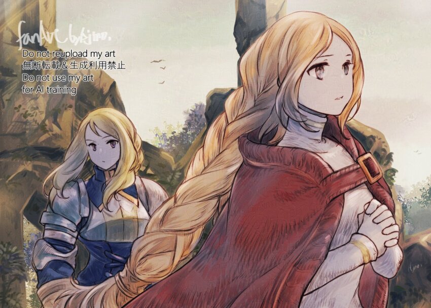 2girls, agrias_oaks, armor, blonde_hair, braid, cape, final_fantasy, final_fantasy_tactics