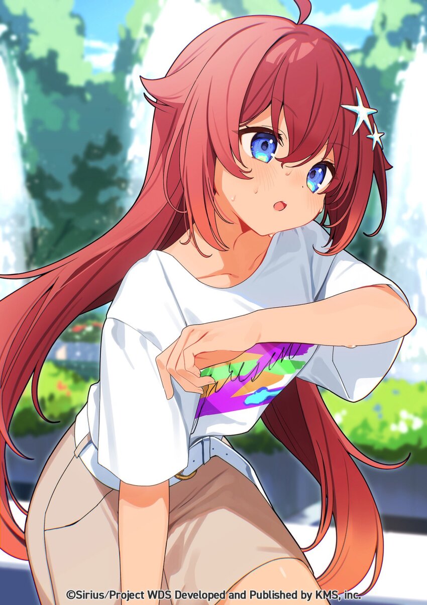 1girl, ahoge, blue_eyes, blurry, blurry_background, blush, collarbone, day