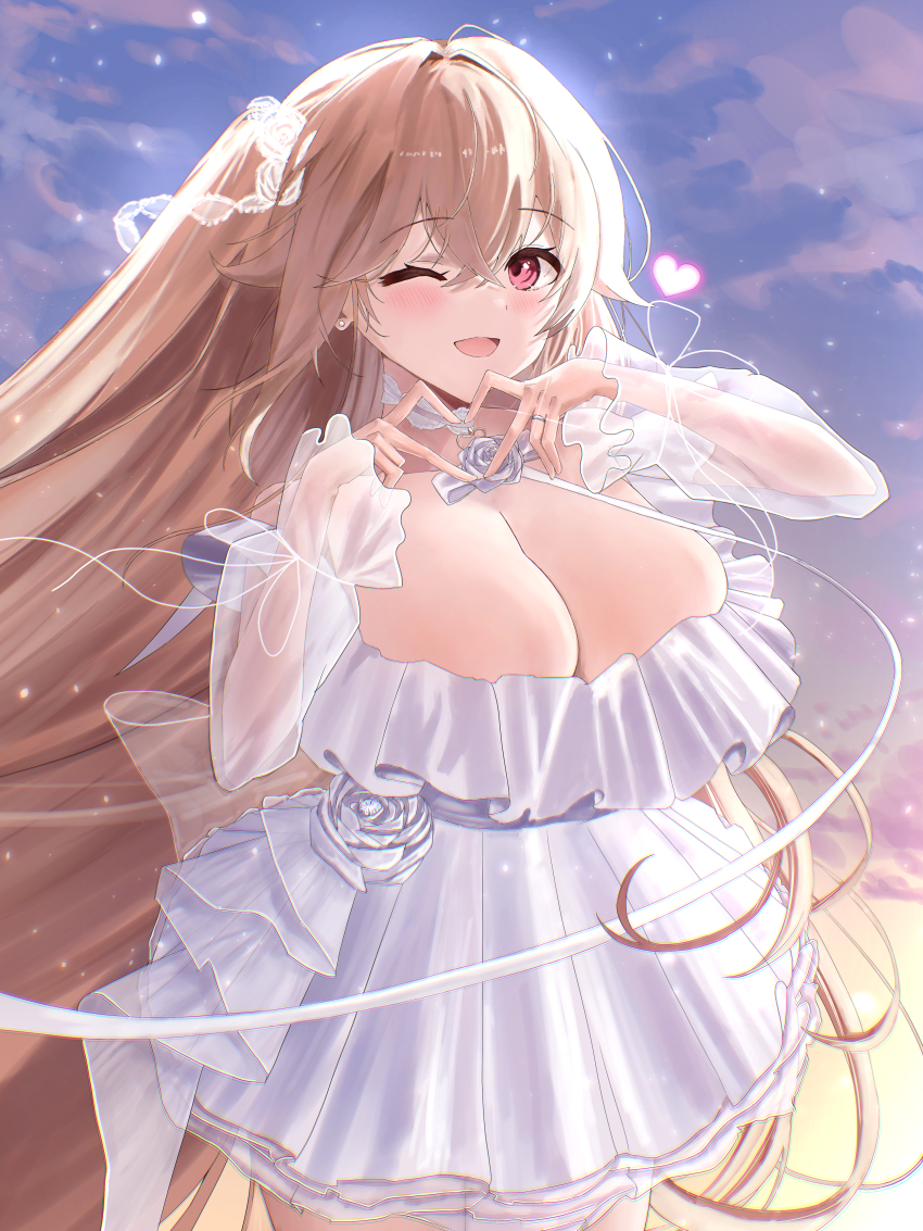 00zanpan00, 1girl, absurdres, anchorage_(azur_lane), anchorage_(oath_of_sunsets_and_fireworks)_(azur_lane), azur_lane, bare_shoulders, blush, breasts, bride, brown_hair, cleavage, cloud, commentary, cowboy_shot, crossed_bangs, day, dress, earrings, flower, hair_between_eyes, hair_ornament, heart, heart_hands, highres, huge_breasts, jewelry, lace_bow, large_breasts, light_particles, long_hair, long_sleeves, looking_at_viewer, off-shoulder_dress, off_shoulder, official_alternate_costume, one_eye_closed, open_mouth, outdoors, red_eyes, ring, rose, see-through_clothes, see-through_dress, see-through_sleeves, sky, smile, solo, sparkle, very_long_hair, wedding_dress, wedding_ring, white_dress, white_flower, white_rose