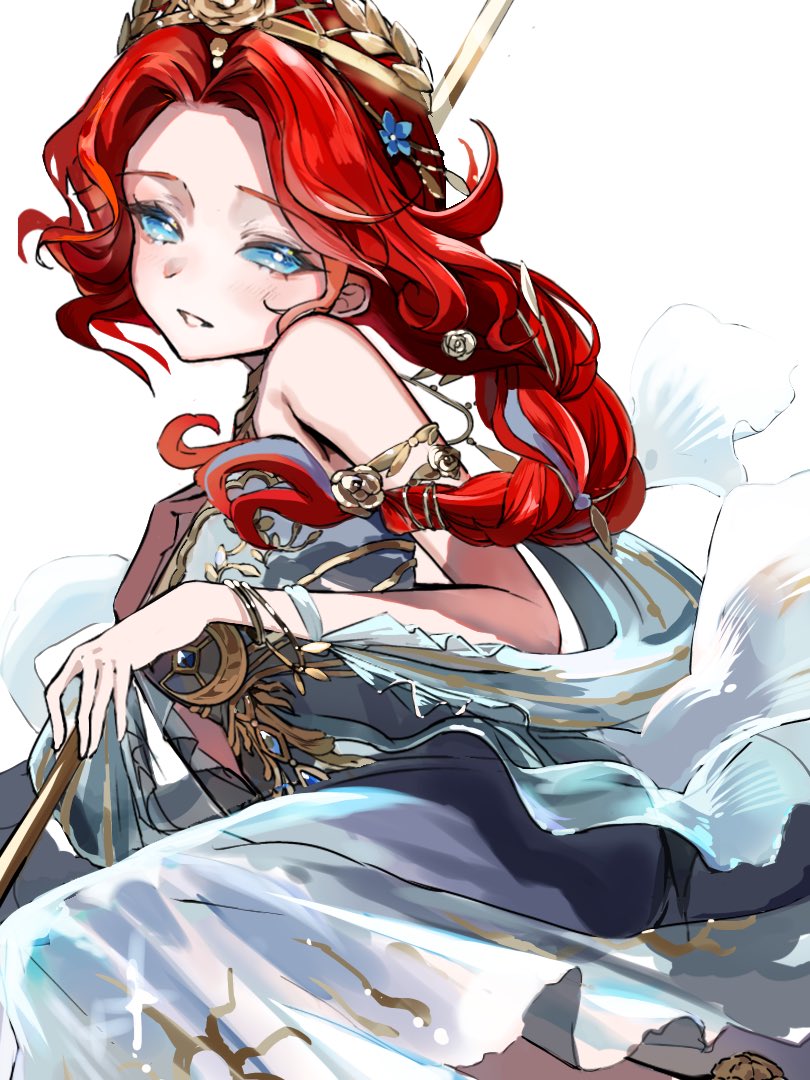 1girl, blue_eyes, braid, curtained_hair, gold_tiara, gold_trim, grace_(identity_v), grace_(weeping_goddess)_(identity_v)