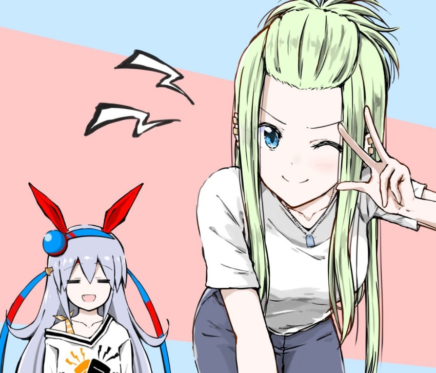 2girls, animal_ears, blue_eyes, blush, closed_eyes, commentary_request, ear_covers, ear_piercing