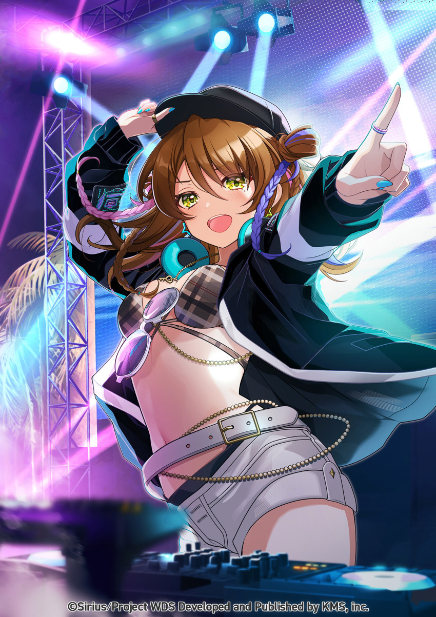 1girl, :d, belt, bikini, bikini_top_only, breasts, brown_hair, green_eyes