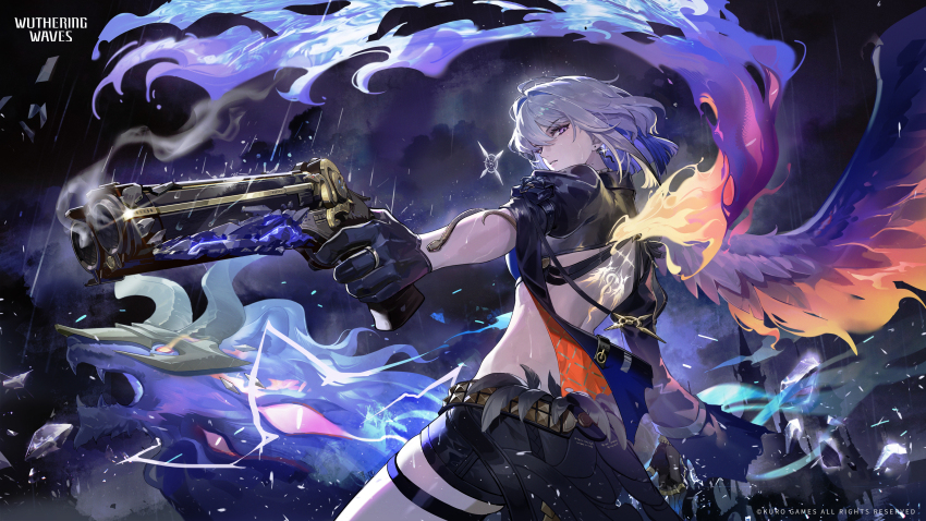 1girl, absurdres, aiming, asymmetrical_wings, back, back_tattoo, black_gloves, black_jacket