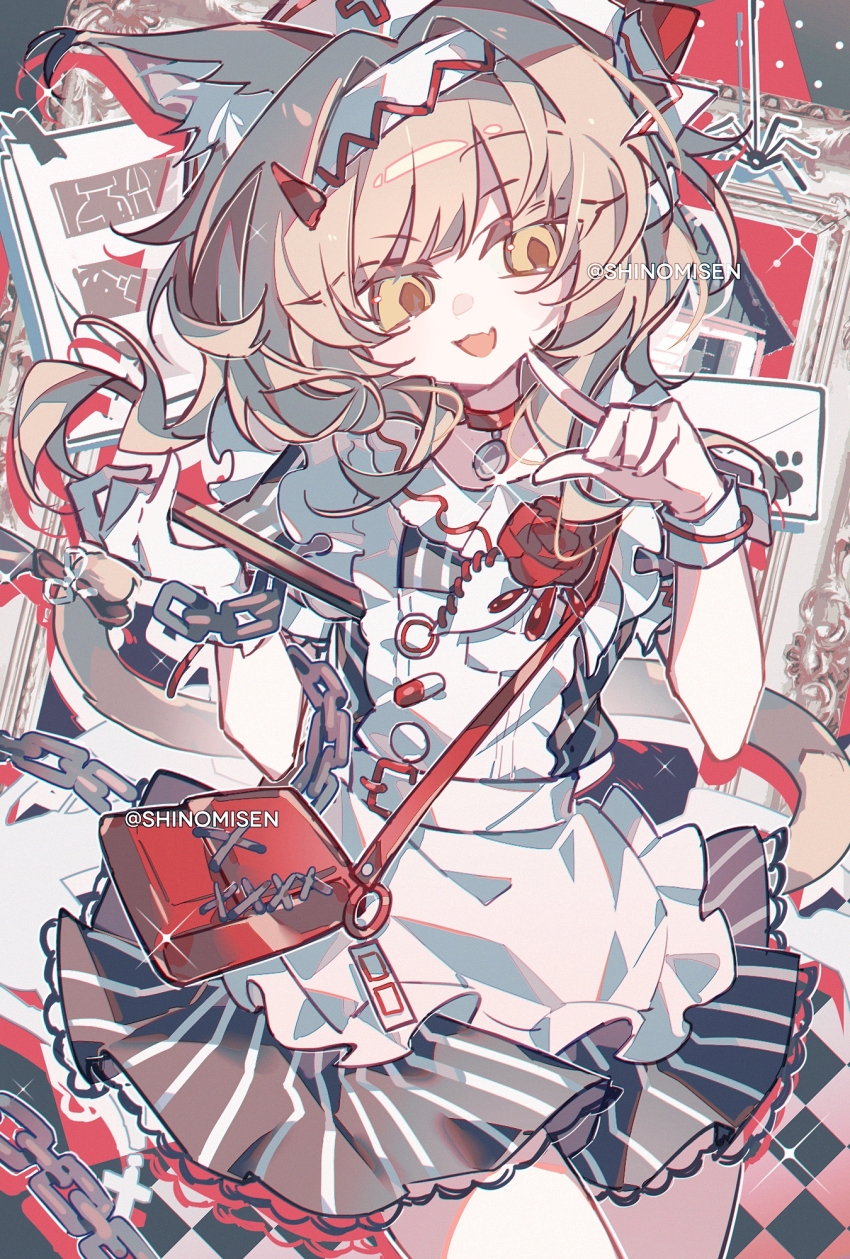 1girl, animal_ear_fluff, animal_ears, apron, arknights, bag, black_dress, brown_hair