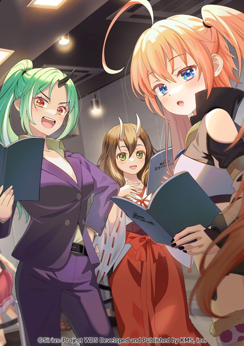 3girls, :d, ahoge, akiru_kamira, belt, black_jacket, blue_eyes, blurry