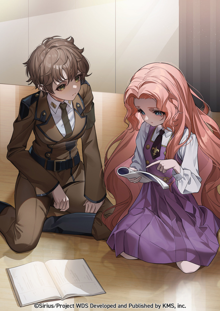 1boy, 1girl, belt, blue_eyes, book, brown_hair, closed_mouth, code_geass, collared_shirt, cosplay, dress, green_eyes, highres, holding, indian_style, indoors, jacket, kneeling, kururugi_suzaku, kururugi_suzaku_(cosplay), long_hair, long_sleeves, motosu_towa, necktie, nunnally_vi_britannia, nunnally_vi_britannia_(cosplay), official_art, on_floor, open_book, pants, pink_hair, school_uniform, shiromaru_mito, shirt, short_hair, sitting, themis_(themis_adgjm), very_long_hair, watermark, white_shirt, wooden_floor, world_dai_star