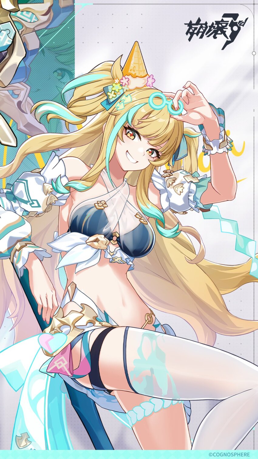 1girl, asymmetrical_sleeves, bare_shoulders, bikini, blonde_hair, breasts, drill_hair, hair_ornament