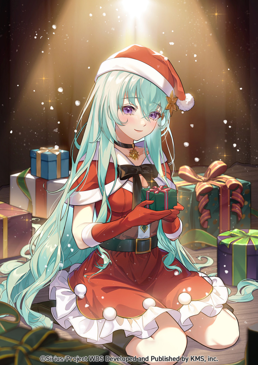1girl, aqua_hair, belt, black_choker, blush, box, choker, christmas