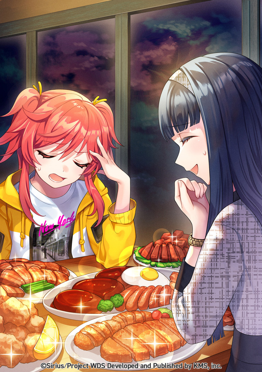 2girls, black_hair, bowl, bracelet, burger, chopsticks, closed_eyes, company_name