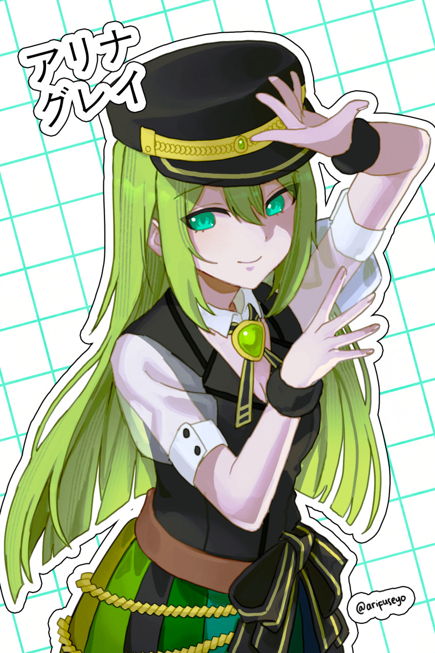 1girl, alina_gray, aqua_eyes, arifuseyo, arm_up, black_bow, black_cross_tie, black_hat