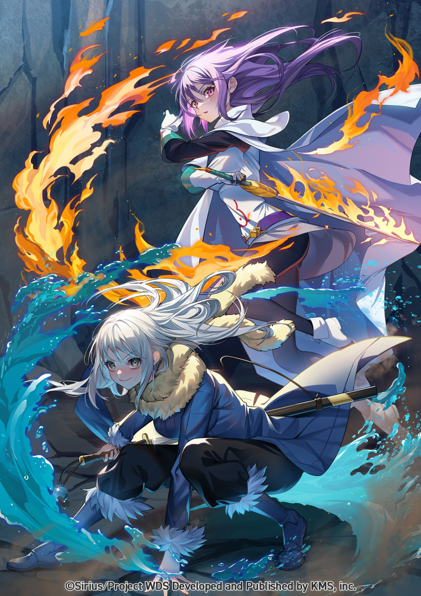 1boy, 2girls, black_pants, boots, breasts, cape, coat, cosplay, fire, fur_trim, gloves, highres, holding, holding_weapon, izawa_shizue, izawa_shizue_(cosplay), long_hair, long_sleeves, looking_at_viewer, medium_breasts, multiple_girls, nekoashi_tsubomi, official_art, outdoors, pants, rimuru_tempest, rimuru_tempest_(cosplay), senju_iroha, standing, sword, tensei_shitara_slime_datta_ken, themis_(themis_adgjm), weapon, wide_sleeves, world_dai_star